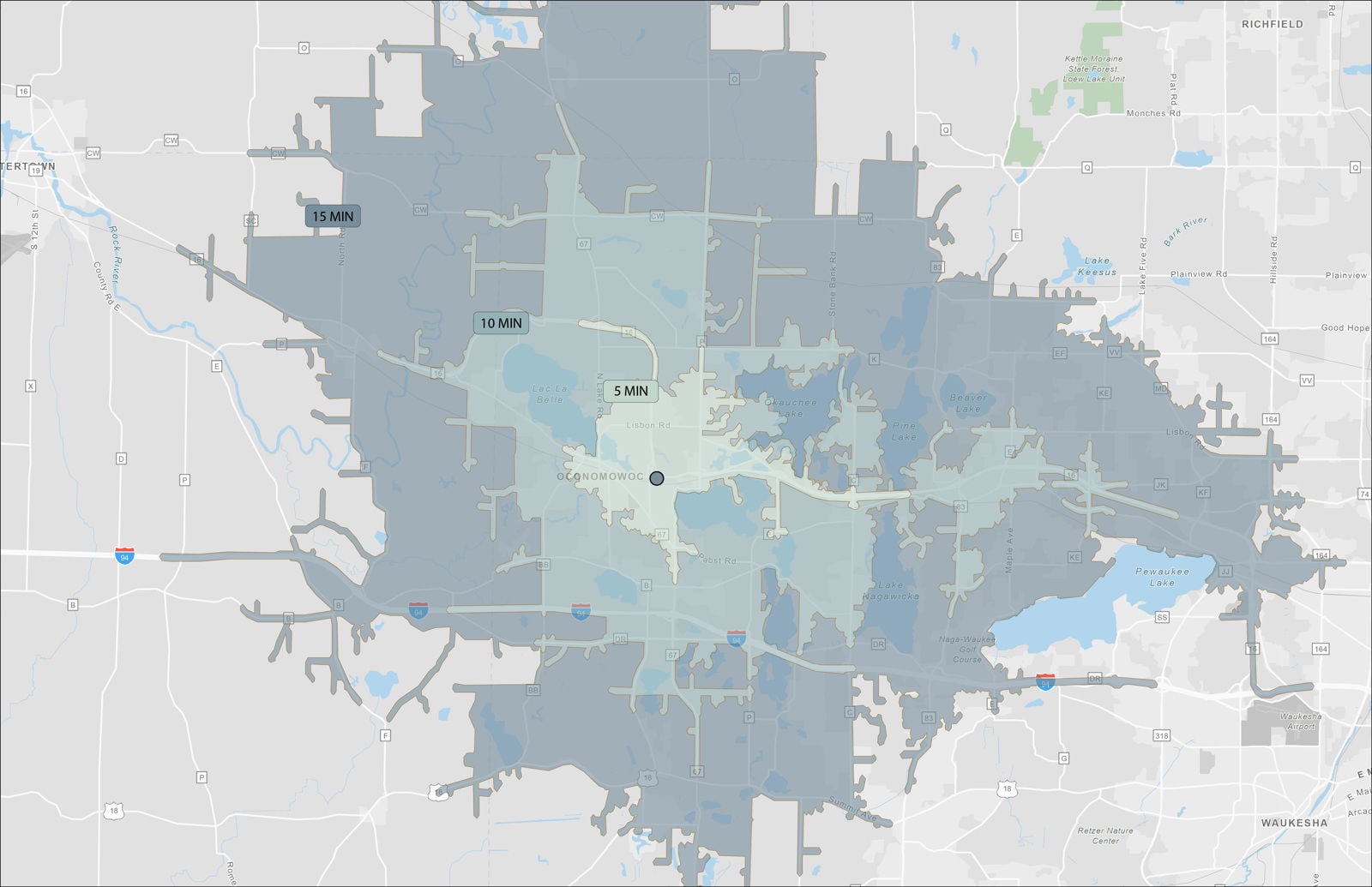 Drive time map - Oconomowoc and surrounding area